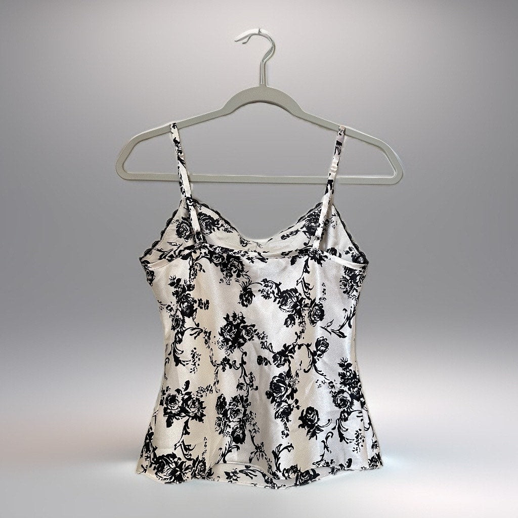 Black and White Floral Satin Cami Tank, Size 9/10